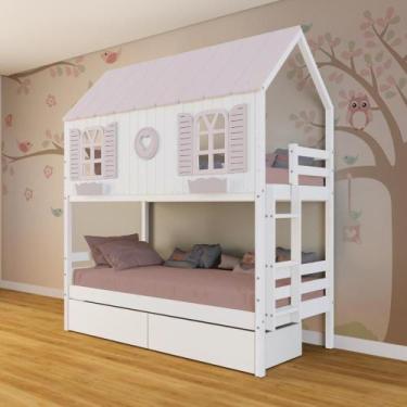 Imagem de Beliche Casinha Bela Com Coração 2 Gavetas - Madeira Maciça Branco-ros