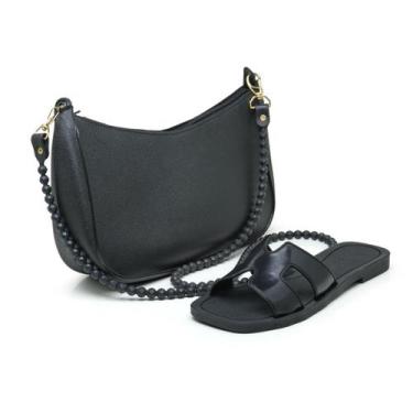 Imagem de Kit Bolsa Baguete Tiracolo Feminina + Chinelo Slide Flat Conjunto Fash