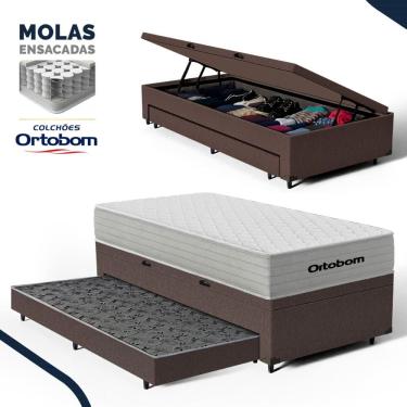 Imagem de Cama Box Baú com Colchão de Molas Ensacadas Ortobom One Face Plenno + Auxiliar de Espuma Solteiro 88 cm