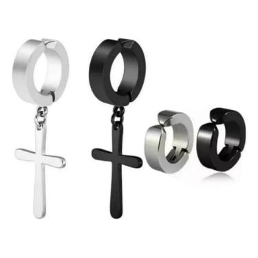 Imagem de Brinco Argola Pressão Yuby Acessórios Aço Cirúrgico Cruz Pre - Congrat