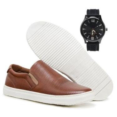 Imagem de Sapatenis Tenis Iate Masculino Slip On Alpargatas De Couro Original Forrado + Relógio P...