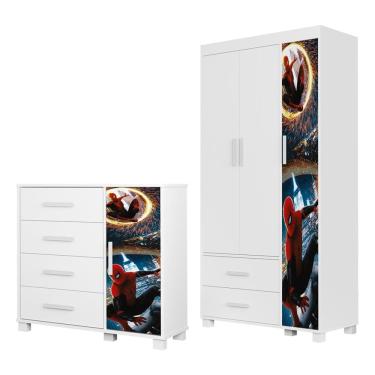 Imagem de Guarda Roupa Infantil 3 Portas 2 Gavetas e Comoda 4 Gavetas 1 Porta MDF Livia Decmade