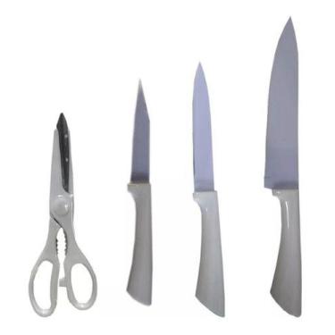 Imagem de Conjunto De Facas Inox Tesoura Afiador 5 Peças Cozinha Utensílios Domé