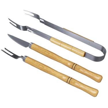 Imagem de Kit Churrasco 3 Peças Garfo Faca Pegador em Aço Inox com Cabo de Madeira para Churrasqueira Qualinox