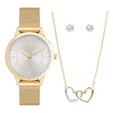 Imagem de Kit Relógio de Pulso Feminino Condor Dia a Dia Co2035nck-k4k Aço 3,6cm Dourado Analógico