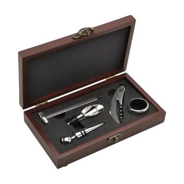 Imagem de Kit Porta Vinho 5Pcs Inox E Caixa De Madeira UNYHOME 536T - Uny Home