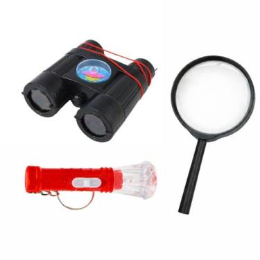 Imagem de Kit Detetive Criança Com 3 Brinquedos Binóculo Preto E Lupa E Lanterna