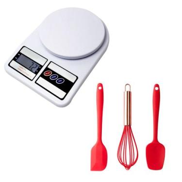 Imagem de Balança 10Kg Digital De Cozinha + 3 Utensilios De Silicone Vermelho -