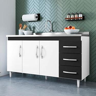 Imagem de Balcão Isabel com Pia 160cm 3 Portas 3 Gavetas Branco/Preto - Amarena Móveis