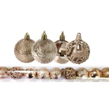 Imagem de Kit 9 Bolas Natal Mista Textura Arabescos Rena Champagne 6cm