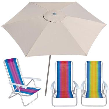 Imagem de Kit Guarda Sol Ombrelone 2,4m Malibu Bege 3 Cadeira 8 Posições Alumínio Praia Piscina Camping - Tobee