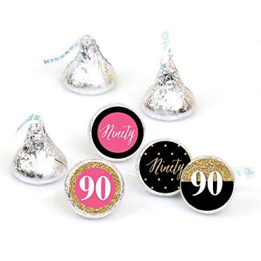 Imagem de Chic Aniversário de 90 anos - Rosa, Preto e Ouro - de Adesivo Redondo - Etiquetas Servem para os Kisses de Hershey (1 Lençol de 108)