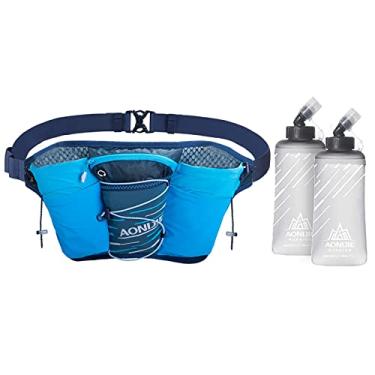 Imagem de Cinto de hidratação esportivo para corrida e corrida bolsa de cintura ajustável com 2 garrafas de água ao ar livre pochete refletiva de alta capacidade, azul, cintura: 55