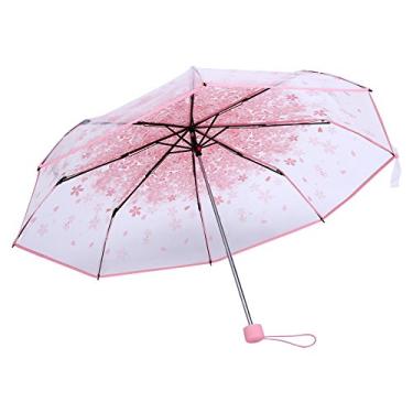 Imagem de Guarda-chuva de flor de cerejeira, 1 peça guarda-chuva dobrável transparente na moda gu...