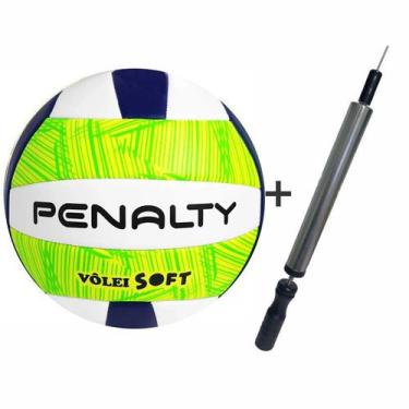 Imagem de Bola De Volei Penalty Costurada Soft Verde + Inflador Oficial Original