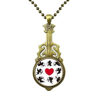 Imagem de DIYthinker Colar de anjo do Cupido com estampa de coração vermelho e pingente de música de guitarra antiga