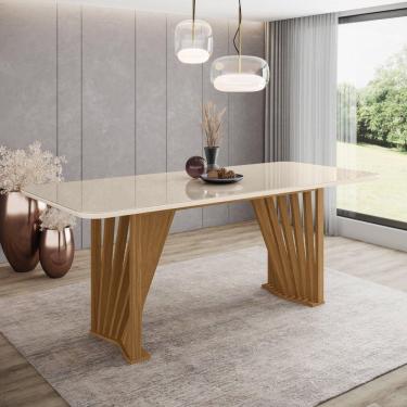 Imagem de Mesa de Jantar 8 Lugares 200cm Tampo MDF com Vidro Canto Arredondado Adriana Off White/Marrom