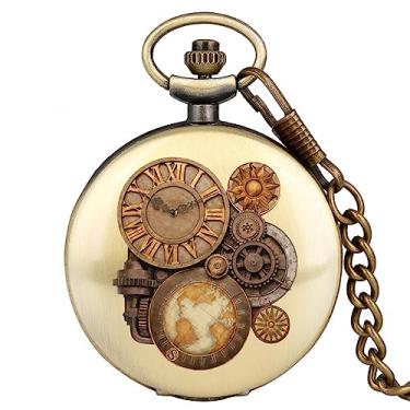 Imagem de ZALTAS Relógio de bolso de quartzo azul antigo Vintage Gear Colar relógio pendente com 30cm pulso corrente relógio fob