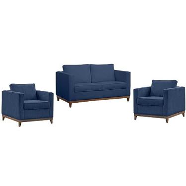 Imagem de Kit Conjunto Sofá Namoradeira 2 Lugares e Poltronas Living Decorativa Sala de Estar e Escritório Moderna Rubi (Azul marinho)