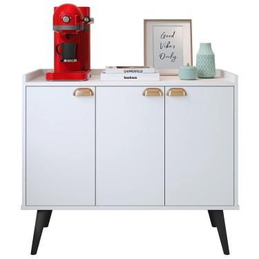 Imagem de Aparador Buffet 3 Portas Cantinho Café Prateleira Organizadora Puxador Concha Vintage Pés Retrô Decoração Sala Jantar Truzzi - Branco - RPM