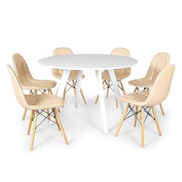 Imagem de Conjunto Mesa de Jantar Redonda Amanda Branca 120cm com 6 Cadeiras Eiffel Botonê - Nude