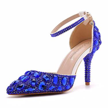 Imagem de Sandálias de strass azul royal salto alto fino bico fino sandálias de cristal azul sapatos de salto alto fashion, Blue Shoes, 7.5