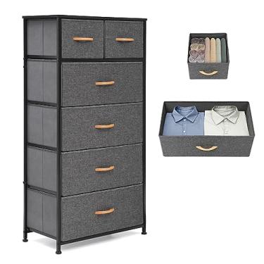 Imagem de VredHom Organizador de cômoda alta, 6 gavetas cômoda de tecido de armazenamento de armários de armazenamento organizador torre moldura de aço topo de madeira para quarto, corredor, berçário, entrada (cinza)