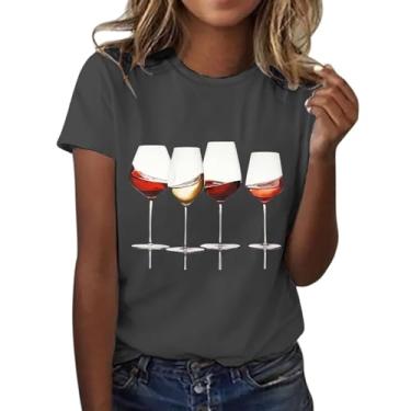 Imagem de PKDong Camisetas femininas estampadas com estampa de taça de vinho de manga curta para mulheres 2024, Cinza escuro, XXG