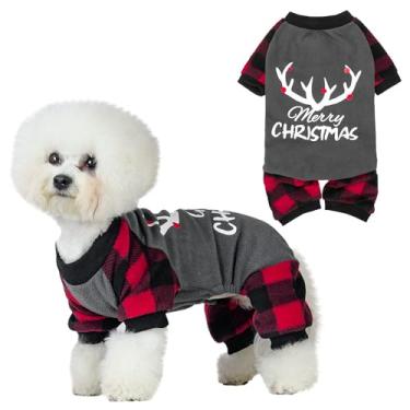 Imagem de Pijama de Natal para cães com estampa de chifres e chifres para animais de estimação quente roupa de dormir vermelha preta xadrez cinza cor pequena média grande