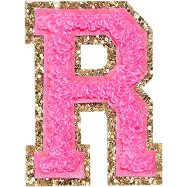 Imagem de 3 Pçs Chenille Carta Patches Ferro em Remendos Glitter Varsity Letras Remendo Bordado Borda Dourada Costurar em Remendos para Roupas Chapéu Saco de Camisa (Rosa, R)