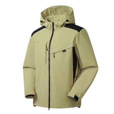 Imagem de Jaqueta masculina leve corta-vento Rip Stop capa de chuva casaco com capuz e cores contrastantes, Cáqui, 3G