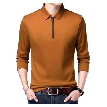 Imagem de Camisa polo masculina cor sólida gola aberta pulôver meia frente zíper manga longa camisa clássica, Amarelo, M