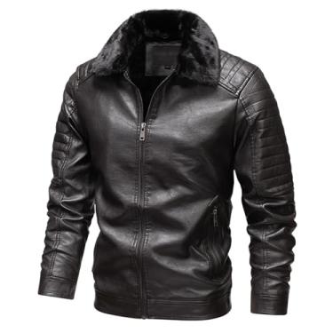Imagem de Jaqueta masculina de lã, de couro, com gola de pele removível, jaqueta de motocicleta, casaco quente casual, Café, XG