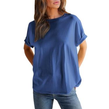 Imagem de EVALESS Camisetas femininas fashion verão 2024 gola redonda manga curta grandes camisetas cor sólida, Vela azul, XXG