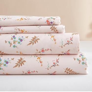 Imagem de Jogo de lençol solteiro com 3 peças, floral, rosa, 40,6 cm, lençol com elástico alto, respirável, para cama de solteiro, fácil de cuidar, ecologicamente correto