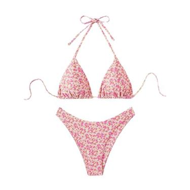 Imagem de MakeMeChic Biquíni feminino de duas peças, frente única, triangular, estampa floral, franzido nas costas, corte alto, rosa, P
