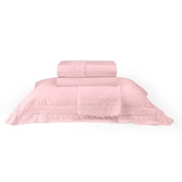 Imagem de Jogo de Cama Bordado Queen Percal 300 fios Cristal Renda Renascença Buettner - Rosa Pétalas