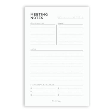 Imagem de Bloco de planejamento de notas de reunião 14 x 21,6 cm O organizador inclui foco na reunião, agenda, anotações, itens de ação e acompanhamento. Perfeito para escritório, casa e organização de tarefas.