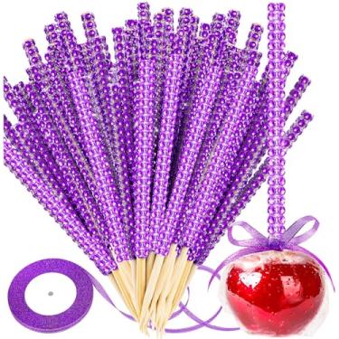 Imagem de Palitos brilhantes para maçãs doces, 26 peças de espetos pontiagudos de madeira de maçã caramelo com 26 peças de saco de vidro e laço de fitas de glitter de 22 jardas, palitos de bambu de cristal roxo