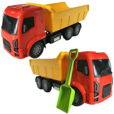 Imagem de KIT 2 CAMINHÕES DE BRINQUEDO BASCULANTE CAÇAMBA E PAZINHA MENINO PRAIA PARQUINHO AREIA INFANTIL