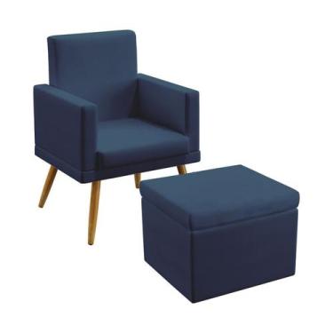 Imagem de Poltrona Para Sala de Estar Nina Com Rodapé Com Puff Quasar Sued Azul 