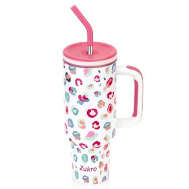 Imagem de Zukro Copo de 1,134 g com alça e canudo, tampa rosqueada com orifício largo para palha, copo de aço inoxidável isolado cabe no porta-copos para viagens - sem suor e mantém bebidas frias - pode ser