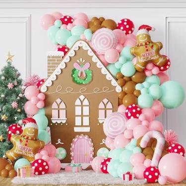 Imagem de 139 peças de guirlanda de arco de balão homem de gengibre rosa pastel verde guirlanda de balão de Natal, bastão de gengibre gigante, balão de pirulito doce para decorações de Natal, Ano Novo, festa de