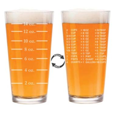 Imagem de Copo de cerveja de 473 ml, copo medidor de presente de 2 lados, volumes líquidos, onças, tabela de conversão de cozinha, tabela de medidas de cozinha