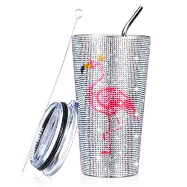 Imagem de Seewey Copo de flamingo de 473 ml com tampa e canudo strass, garrafa de água de aço inoxidável, isolada a vácuo, caneca de cristal com glitter para mulheres, meninas, presente de Natal (com coroa)