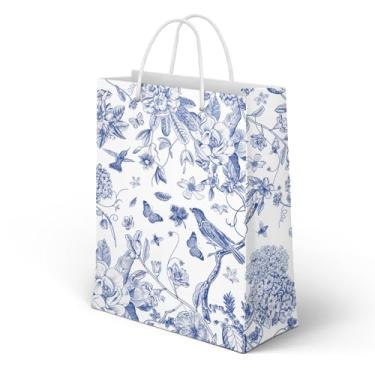 Imagem de Whaline 16 peças de sacos de presente de papel de pássaros florais azul e branco sacos de lembrancinha de festa com alças decorativas sacos de guloseimas para suprimentos de festa, 15 x 21 x 8 cm