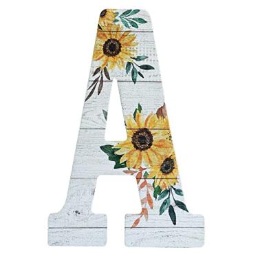Imagem de COLLECTIVE HOME - Letras de madeira de 30,5 cm para decoração de parede, placa de parede rústica, placas de alfabeto decorativas, número de casa, decorações para festa de inauguração de casa de aniversário de casamento, branco lavado, girassol (A)