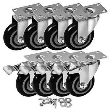 Imagem de Placa giratória 4 com freio e 4 placas resistentes em rodas de poliuretano vermelho com parafusos resistentes, 4" Combo 8pcs + Screws - Black