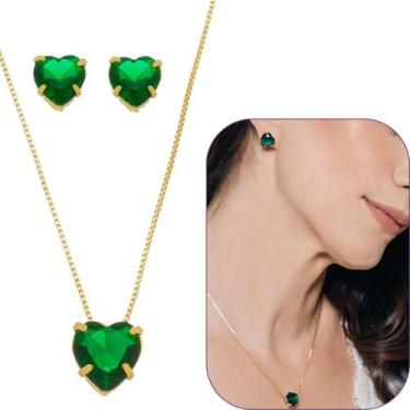 Imagem de Conjunto de coração de cristal verde escuro 10mm banhado a ouro 18k - 