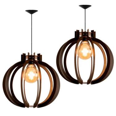 Imagem de Kit 2 Luminárias Lustre Pendente Madeira Soq E27 44cm X 40cm - MdeinSP